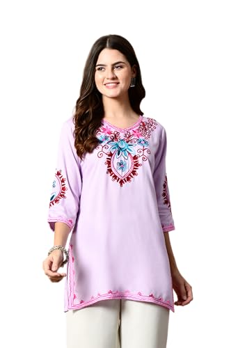 Image of LIBOZA Embroidered Kashmiri Tunic Top, Short Kurti for Women on Jeans, V-Neck, 3 /4 Sleeve, Floral Design,