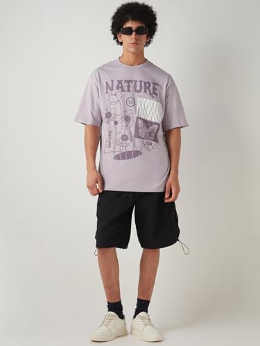 Image of Bewakoof Air 1.0 Men's Graphic Printed Oversized Fit Half Sleeve Round Neck Cotton Slub T-Shirt