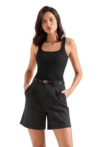 SUUKSESS Women Cotton Ribbed Summer Going Out Tops Padded Sleeveless Trendy Tank Tops Basic Square Crew Neck Top (Black, Medium)3