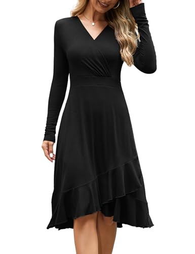 Beluring Wickelkleid Damen Elegant Langarm Tunika Kleid Sexy V-Ausschnitt Rüschensaum Kleider Schwarz XL