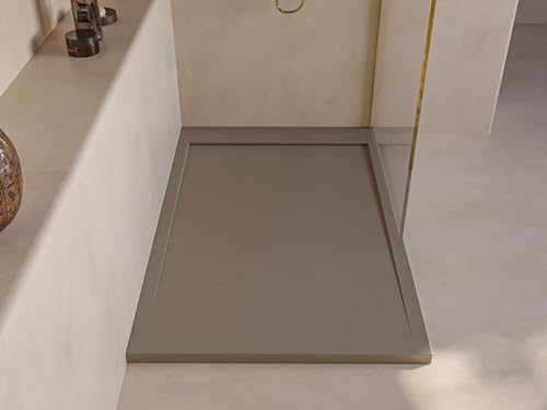 SOULBATH Plato de Ducha - Resina - Gel Coat - Textura Liso/Piedra - Antideslizante - Color Moka - 170x90- Extraplano 3cm. Incluye Válvula de desagüe - Diseño Minimalista