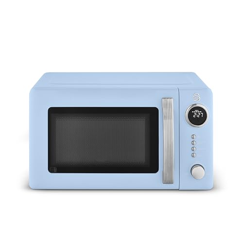 Swan Microondas digitales retro de 20 L, 5 niveles de potencia, 12 preajustes de cocción automática, descongelación por peso o tiempo, pantalla LED, 800 W, azul, SM4425BLU