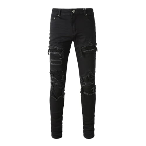 Jeans Pants Trouser Denim Trendy Street Patch Ripped Distressed Hole Retro Stretch Slim Fit Black Tight Casual Small Straight Leg for Men(Black,30)