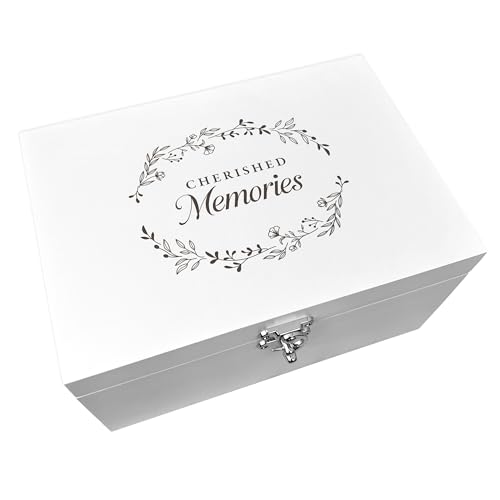 Cherished Memories Engraved Keepsake Box | White Wooden Storage | Reusable Memory Box for Any Occasion & Memorial | 30cm x 23cm x 18cm