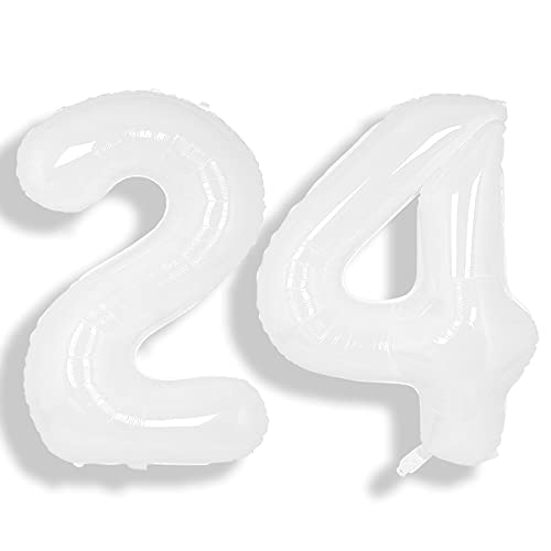 Image of SUWEN 40 Inch White Large 24 Balloon Number Big Foil Helium Numbers 0-9 | Giant Jumbo Happy 24th Birthday Party Decorations for Men or Women Huge Mylar 42 Anniversary Party Supplies