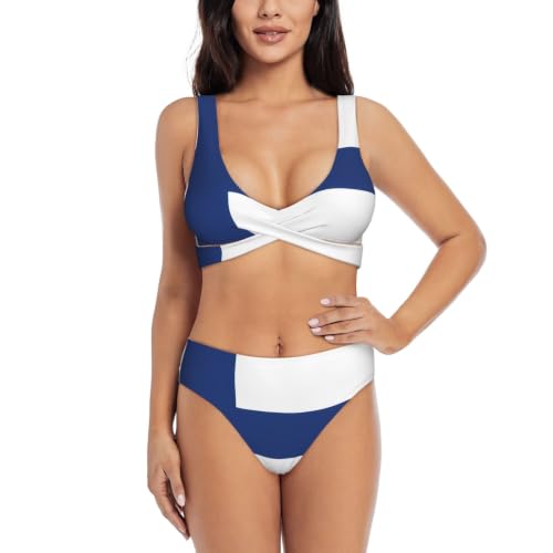 Maillot de bain deux pièces femme push-up triangle réglable motif drapeau finlandais
