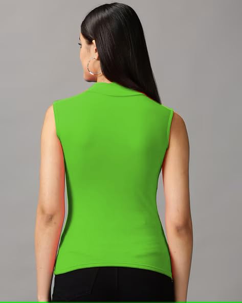 Polo elástico para mujer Prime fashions verde azabache camiseta cuello tortuga sin mangas casual S M 2