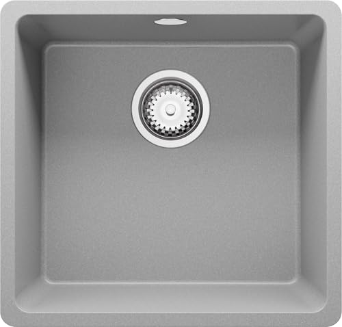 PRIMAGRAN Evier Cuisine en Granit Gris 46x44cm, Lavabo 1 bac + Kit de Vidage, Évier à Encastrer au Meuble 50cm - Venise S031