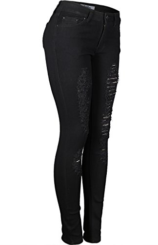 2LUV Women's Stretchy 5 Pocket Destroyed Dark Denim Ripped Skinny JeansÂ3