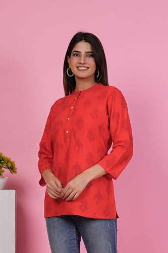 Image of Women's Red Printed Short Kurti Top with 3 /4 Sleeves