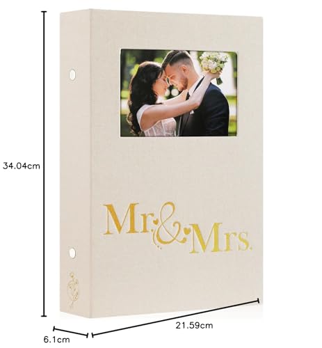 Lanpn Wedding Photo Album 4x6 300 Pocket Photos Slip in, Linen Cover Large Capacity Newlywed Marriage Window Album Hold 300 Horizontal Photos (Mr & Mrs, Beige)