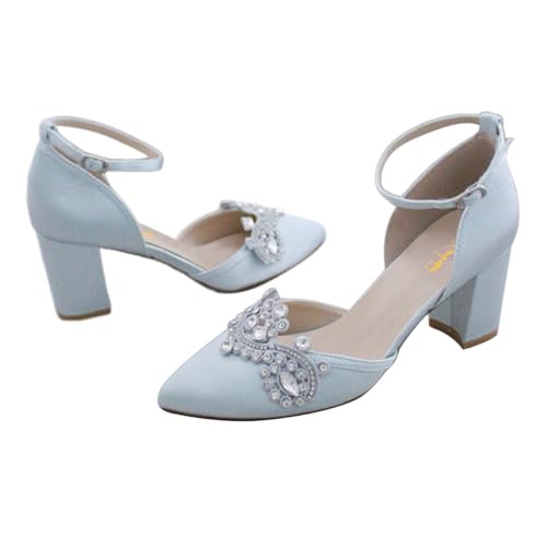 XYD Womens Closed Pointed Toe Bridal D'Orsay Pumps Crystal Block Low Heels Classy Ankle Strap Wedding Dress Shoes4
