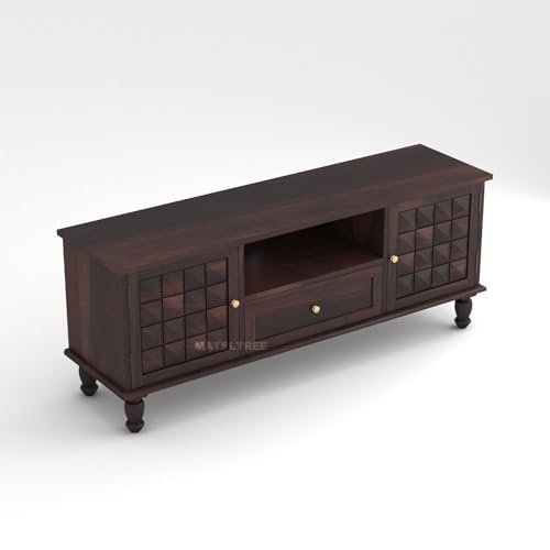 Image of Sheesham Wooden TV Unit for Living Room 55 Inch TV Furniture - WoodenTV Unit with Drawer Storage Shelves 2 Door Wooden TV Cabinet for Living Room - Fits up to 55-Inch (Drek, Walnut Finish)