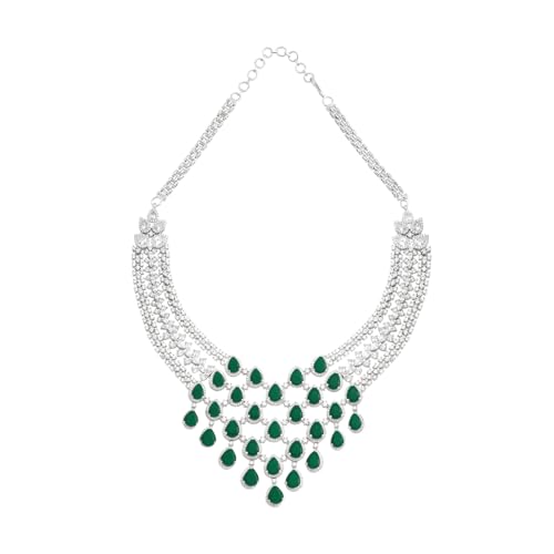 Image of KUSHAL'S Fashion Jewellery Green Rodium Polished Zircon Necklace Set With Adjustable Chain & Push Back Earrings| Best For Bride, Bridemaids & Special Occasion | Necklace set For Women - 434757