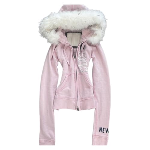 RICHTRUE Y2k Fur Zip Up Hoodie Women Teen Girls Fall Winter Streetwear Jacket Grunge Vintage Sweatshirt 2000s Preppy Clothes (Pink,Medium)