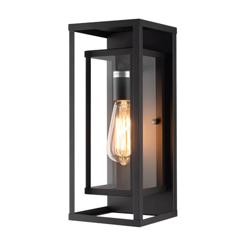 mirrea 14' Classic Outdoor Wall Sconce 1 Light in Matte Black Rectangular Metal Frame and Clear...