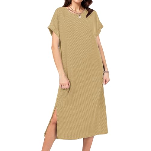 Image of Womens Casual T Shirt Dress Summer Fall Crewneck Loose Fit Side Split Knee Length Dress Ribbed Pattern with Pockets