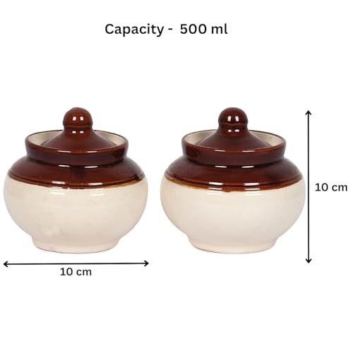 Image of QIMACPLUS Handcrafted Ceramic Pickle Jar Set with Lids - Achar Barni | Achar Ki Barni | Containers for Pickle, Spices, Chutney, and Sauces Storage (Pack of 2-250ml)