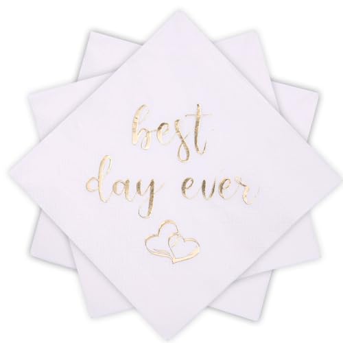 Livebe Best Day Ever Napkins,Cocktail Napkins, 100 Pcs, 3-Ply Paper, Party Supplies Paper Napkins in Bulk for Rehearsal Dinner Wedding Beverage Table Decorations (Gold)