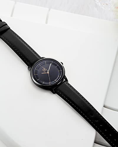 SHENGKE Women's Watch Bracelets Set, Ladies Watches with Leather Strap, Waterproof Quartz Watch, Easy Read Dial with Second Hand, Black, Quartz Watches
