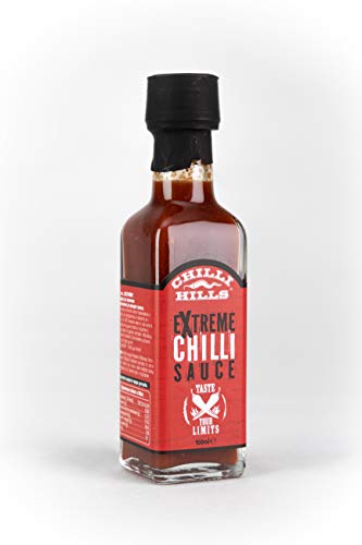 Chilli Hills salsa picante artesanal EXTREME. Hecha de extracto puro de chiles HABANERO, NAGA y Trinidad MORUGA SCORPION. Natural, sin OMG ni gluten, vegana. Botellita de cristal de viaje - 100 ml