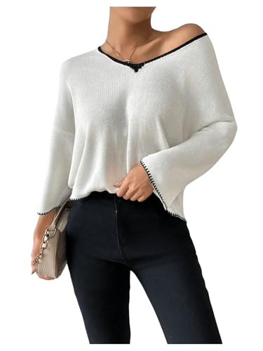 SweatyRocks Women's Contrast Binding V Neck Long Sleeve Knitwear Loose Fit Pullover Sweaters3