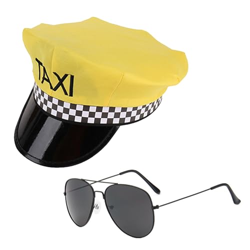Photo de BORFUE Lot de 2 accessoires de costume de chauffeur, chapeau de taxi jaune, lunettes de soleil, chapeaux de performance pour chauffeur de taxi