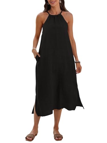 Image of Women's 100% Linen Midi Dress Halter Neck Loose Fit 2026 Summer Sleeveless Flowy Beach Sun Dresses with Pockets