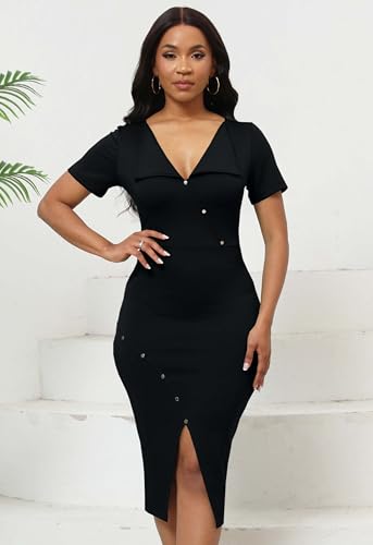 Image of Fooullaide Women's Sexy Bodycon Mid Dress Stretch Short Sleeve V Neck Cocktail Party Dresses
