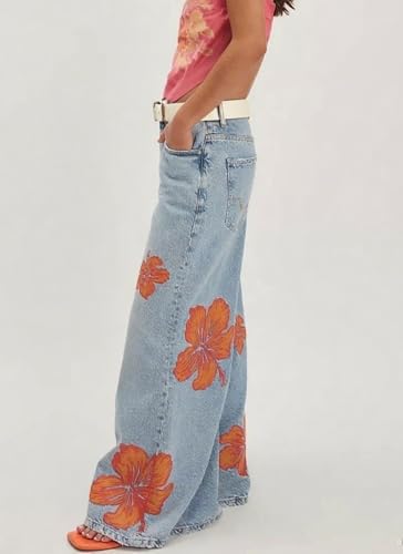 CHARTOU Women Floral Print Denim Wide Leg Pants Casual Loose High Waist Flared Baggy Jeans with Pockets2