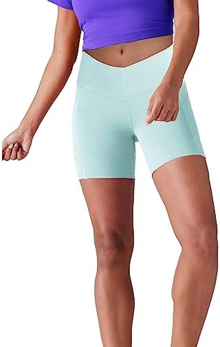 Lulucheri Women's V-Waist Biker Shorts with Pockets 5" Yoga Workout Athletic Running Gym Compression Spandex Short Pants (XX-Large, Chalk Blue)