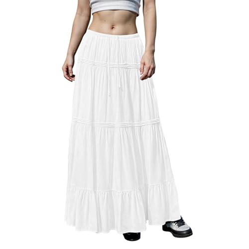 Maxi Skirts for Women Trendy Drawstring High Waisted Flowy Tiered Linen Skirt Pleated Ruffled A-Line Long Skirts4