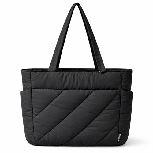 Bolsa de Ombro Puffer Noozion para Mulheres, Bolsa de Ombro Puffy Acolchoada Leve, Bolsa Grande de Trabalho e Viagem para Academia, Escola, Preto, Large