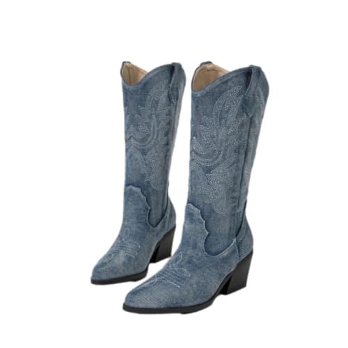 Women's Rhinestone Cowboy Boots Pull On Pointed Toe Chunky Low Heel Denim Western Mid Calf Cowgirl Boots