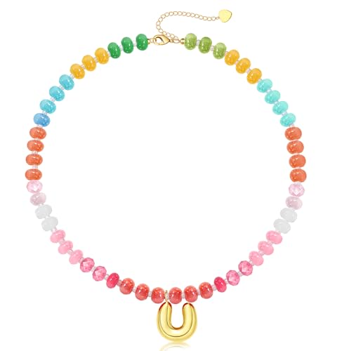 Initial Necklaces for Women, Beaded Necklaces for Women with Bubble Necklace Letter Stocking Stuffers for Teens Trendy Stuff Colorful Gemstone Choker 14k Gold Letter A-Z Pendant Summer Beach Christmas Birthday Jewelry for Her Girlfriend Sister