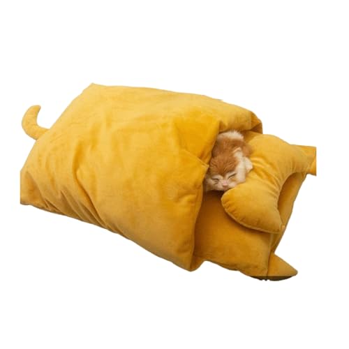 キャットハウス 枕付き 大きい 猫用寝袋 ペットベッド布団型 ふわふわ 暖かい 保温防寒 猫 寝袋 洗える 屋外 ペット マット 猫 マット グッズ 猫ベッド お布団 冬用 裏起毛 寒さ対策 クッション 小型犬 犬猫用 ふわふわ (黄色,S: 45*30c