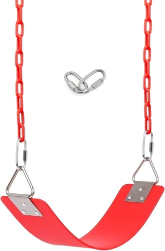 Image of Flexible Swing Seat with Metal Triangle Ring Set for Kids /Adults Outdoor Park Garden Tree Backyard with Plastic Coated Chain (Red, 1.5 Meter)