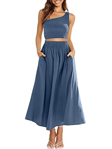 Anrabess Women's Summer 2 Pieces Outfits One Shoulder Sleeveless Smocked Crop Top & High Waist Long Skirt Dress Set With Pockets 543Lanse-M Deep Blue #TOP12