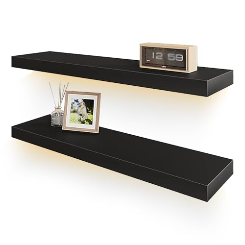 ERSINIAN Estante de Pared Flotante de Madera Negra (1 Unidad), con luz LED integrada, Ideal para Libros Infantiles, Sala de Estar o Dormitorio. Color Blanco. 60 cm (24 Pulgadas).