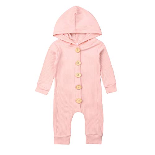 MSDMSASD Newborn Baby Boys Girls Romper Infant Solid Color Long Sleeve Hooded Buttons Jumpsuit Autumn Clothes Outfits (Pink, 0-3 M)