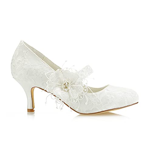 JIAJIA 586449B Women's Bridal Shoes Closed Toe 2.5" Stiletto Heel Lace Satin Pumps Satin Flower Imitation Wedding Shoes3