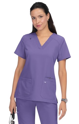 KOI Next Gen Womens 3 Pocket Hustle and Heart V-Neck Scrub Top 4-Way Stretch Wisteria XX-Small