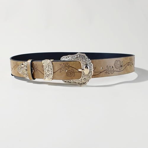 Women's Men's Western Floral Engraved Embossed Leather Belt - Novelty Filigree Buckle Strap for Daily Decoration(110cm/43, Brown)2