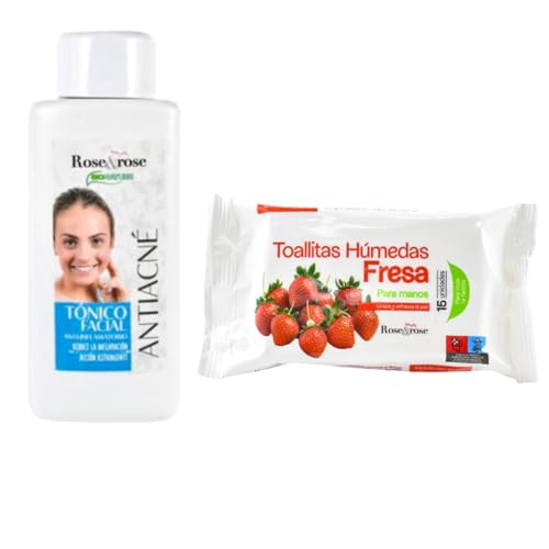 Rose & Rose Kit KITRR-1 | Kojący i oczyszczający tonik do twarzy przeciw trądzikowi + chusteczki nawilżane BRV odświeżający zapach truskawki | do codziennego czyszczenia i pielęgnacji skóry | pełna