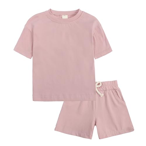 Image of KISBINI Toddler Kids Plain Short Sleeve T-Shirt and Shorts Set Unisex Cotton Summer Outfit Clothes for Little Boys or Girls