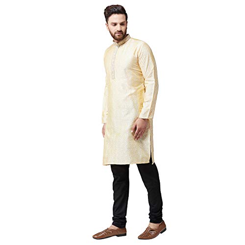 Image of SOJANYA (Since 1958 Mens Maroon Jacquard Silk Kurta and Black Churidaar Pyjama Set
