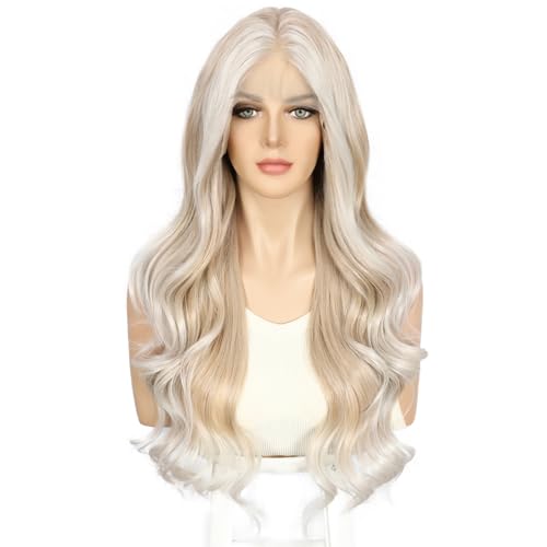 Sapphirewigs Lace Front Wig Synthetic Ombre Blonde 13x4 Body Wave Synthetic Lace Front Wigs Party Date Daily Wear Christmas Natural Looking 26 inch - Image 2