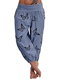 Shownicer Haremshose Damen Kurz Pumphose 3/4 Baggy Hose Leichte Sommerhose Pluderhose Lässige Stoffhose Weite Aladinhose Freizeithose Yogahose Strandhose mit Taschen C Blau XS