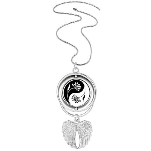 Pendentif Yin-Yang noir et blanc avec ailes d'ange et fleur collier rotatif