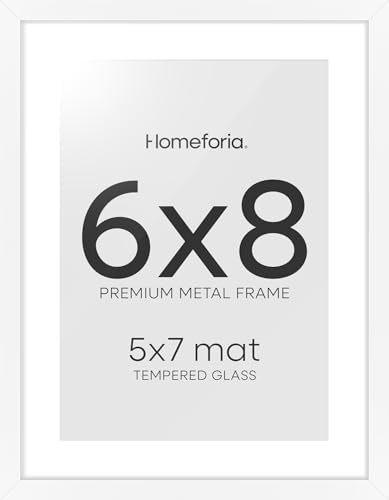 Image of Homeforia 6x8 White Picture Frame, High-End Metal, 5x7 Mat, Glass | High End Aluminum, Tempered Glass, Acid-Free 5x7 Removable Mat, 6x8 in Edge-to-Edge Display 8x6, Wall Kit, Set Of 1